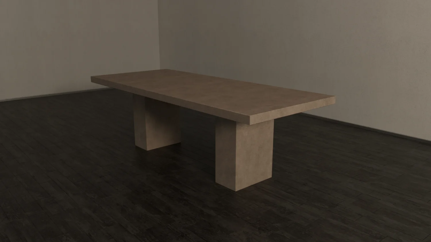 Front view of Rectangular Concrete Dining Table with twin pedestal base , designed in modern brutalist, industrial style.
