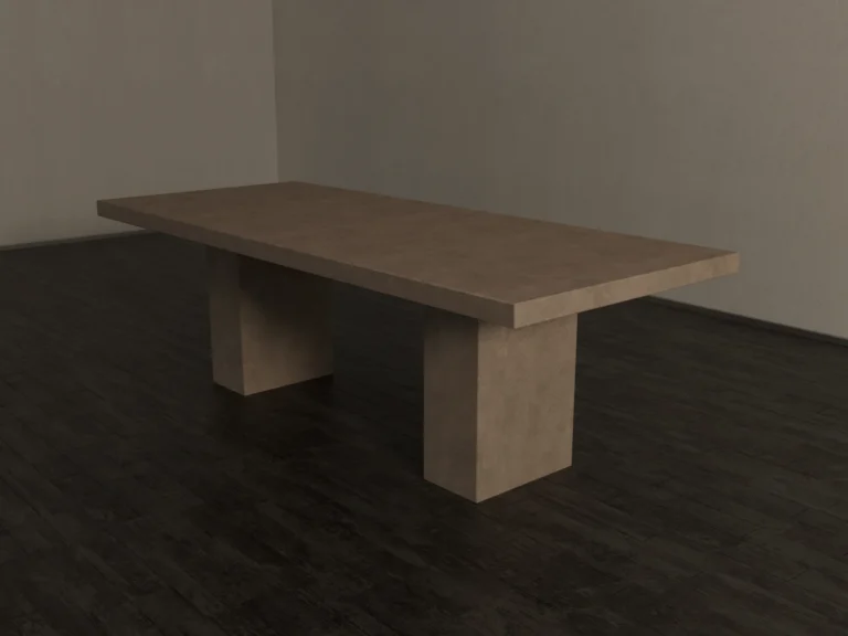 Front view of Rectangular Concrete Dining Table with twin pedestal base , designed in modern brutalist, industrial style.