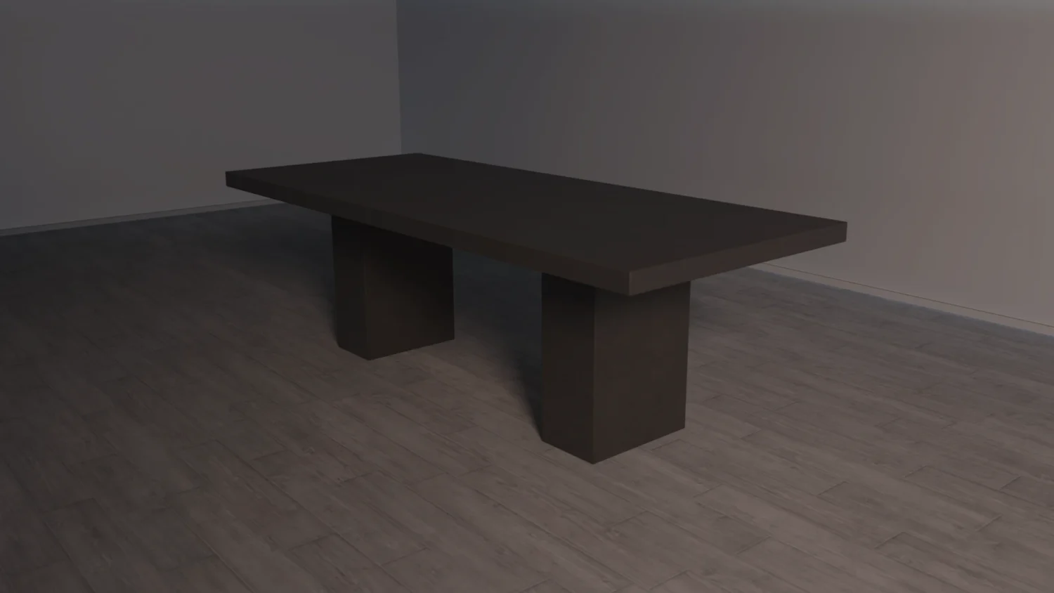 Front view of Anthracite colour Rectangular Polished Concrete Dining Table with twin pedestal base in a modern brutalist design.