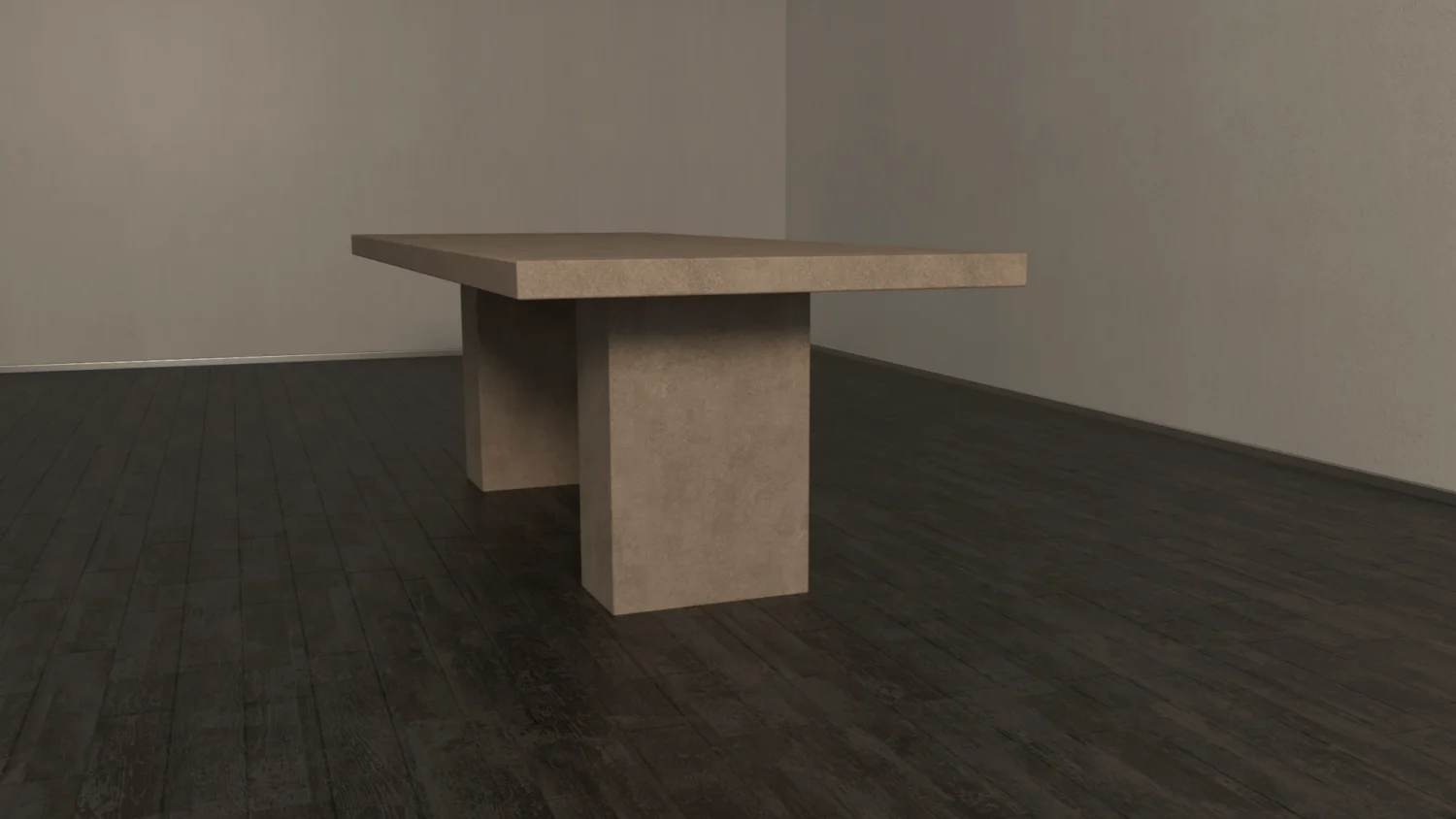 Front view of rectangular concrete dining table with twin pedestal base, designed in modern industrial, brutalist aesthetic.