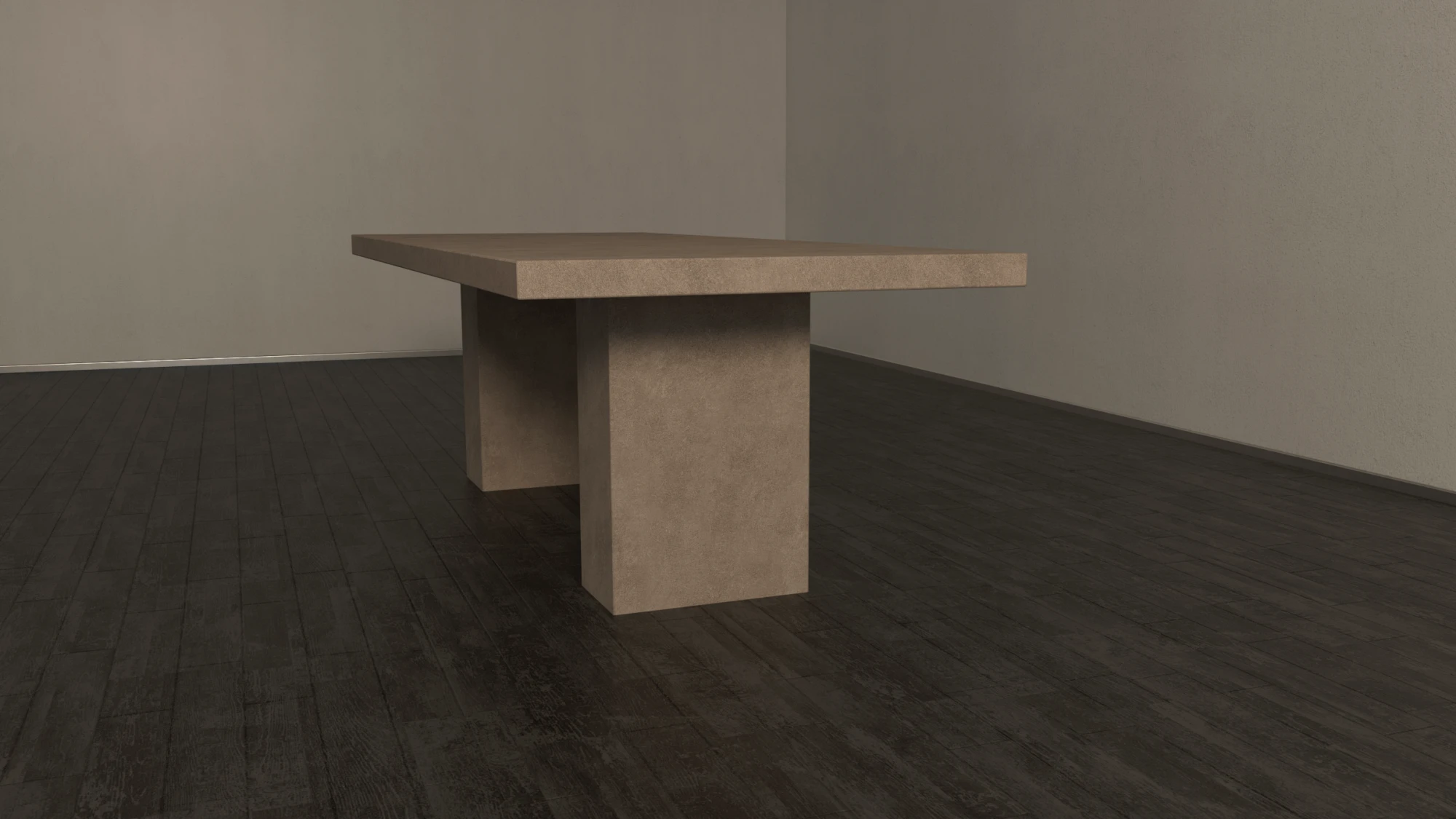rectangular-concrete-dining-table-monolith-twin-pedestal-base-front-view Front view of rectangular concrete dining table with twin pedestal base, designed in modern industrial, brutalist aesthetic.