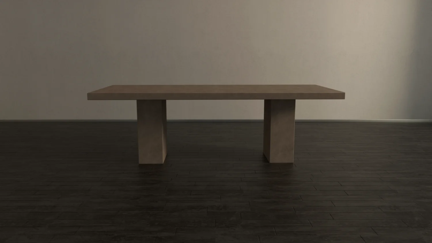 Side profile view of rectangular concrete dining table with twin pedestal base, designed in modern industrial, brutalist aesthetic.