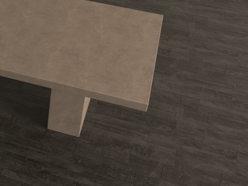 Rectangular concrete dining table in close-up shot.