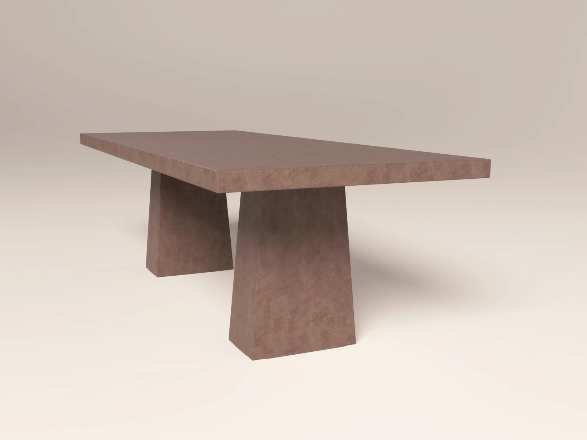 rectangular-dining-table-pedestal-base-front-earthy-uk Rectangular concrete dining table with architectural trapezoid double pedestal base with modern minimalist design. Front view of table, finished in earth colour concrete.