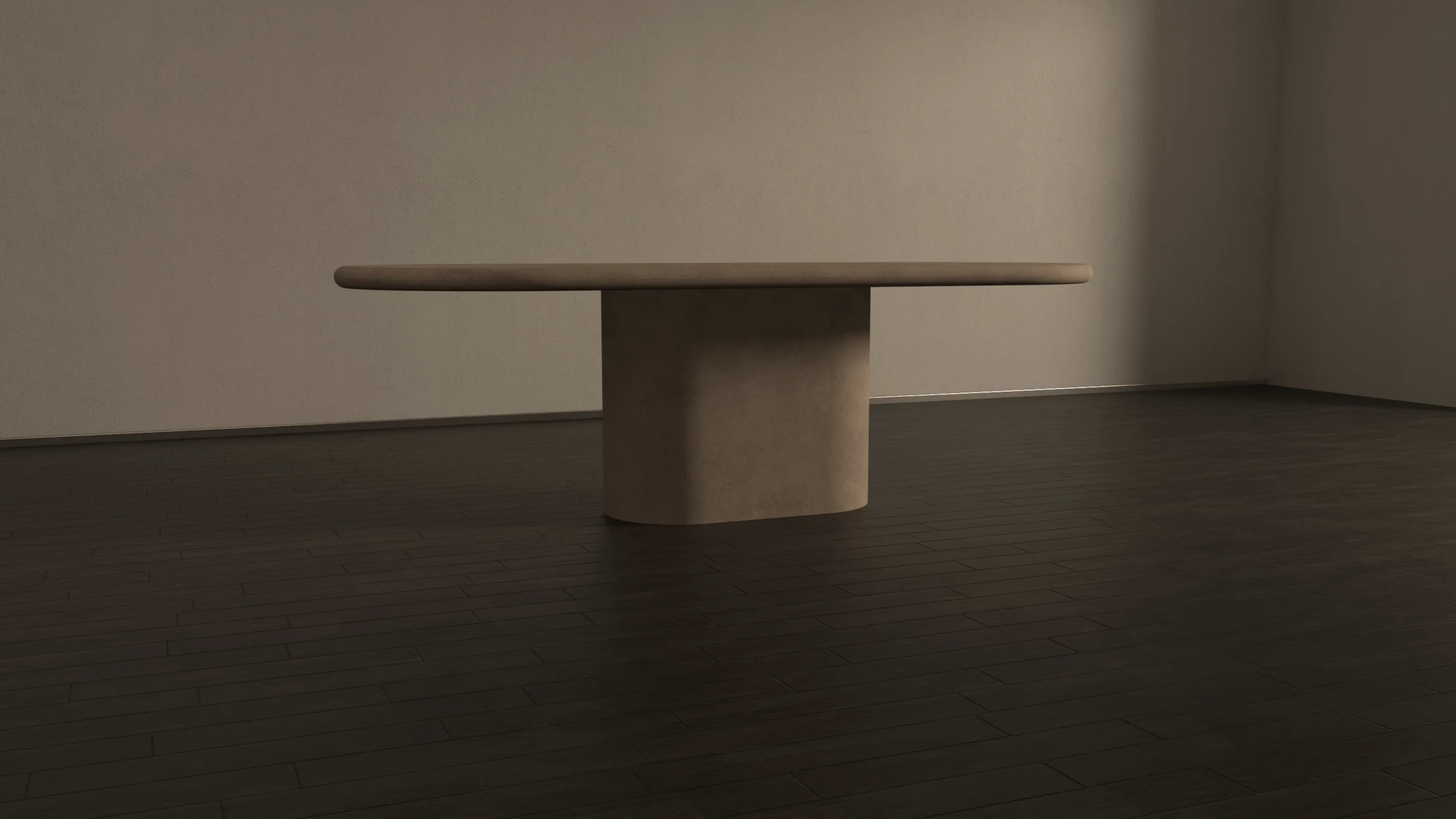 round-shape-pedestal-dining-table-uk-london-studio-lower-back-view Pill-shaped concrete table with matching pill shape pedestal base, finished in clay colour polished concrete. A lower-back shot of the table in London studio workshop.