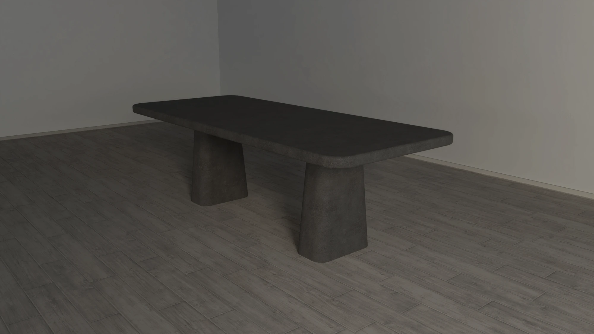 Rounded rectangular concrete dining table with sculptural double pedestal base. Perspective of table, finished in anthracite colour polished concrete - London UK.