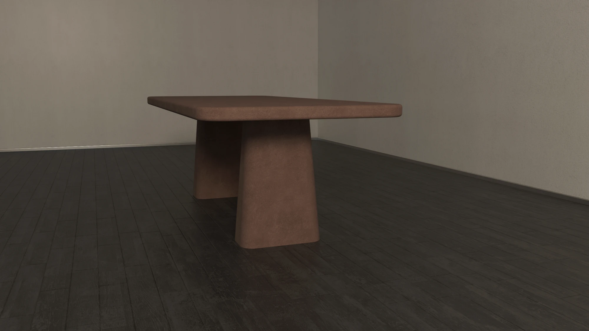 Rounded rectangular concrete dining table with sculptural double pedestal base. Front of table, finished in clay colour polished concrete - London UK.