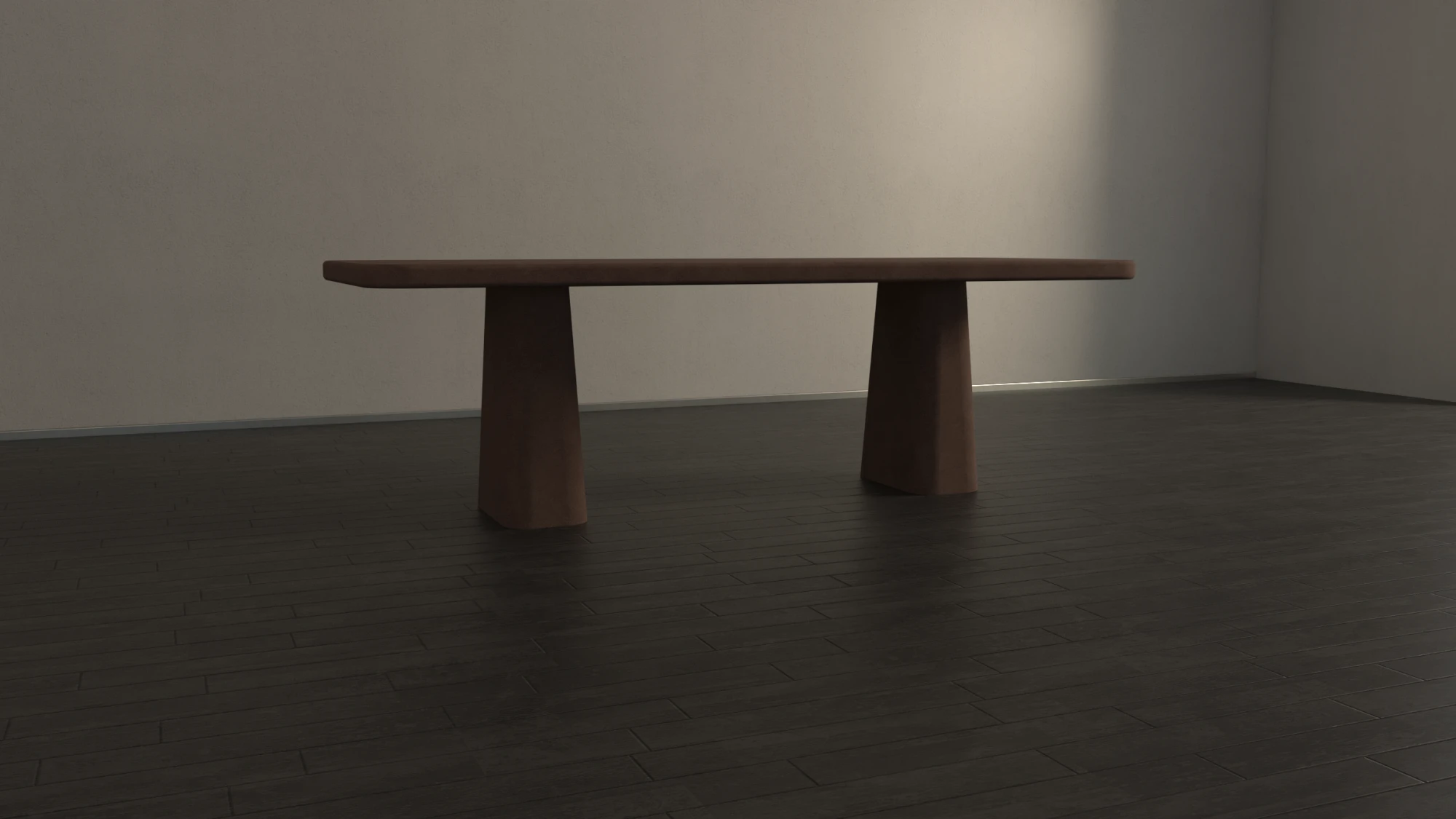 Rounded rectangular concrete dining table with sculptural double pedestal base. Lower-back view of table, finished in clay colour polished concrete - London UK.