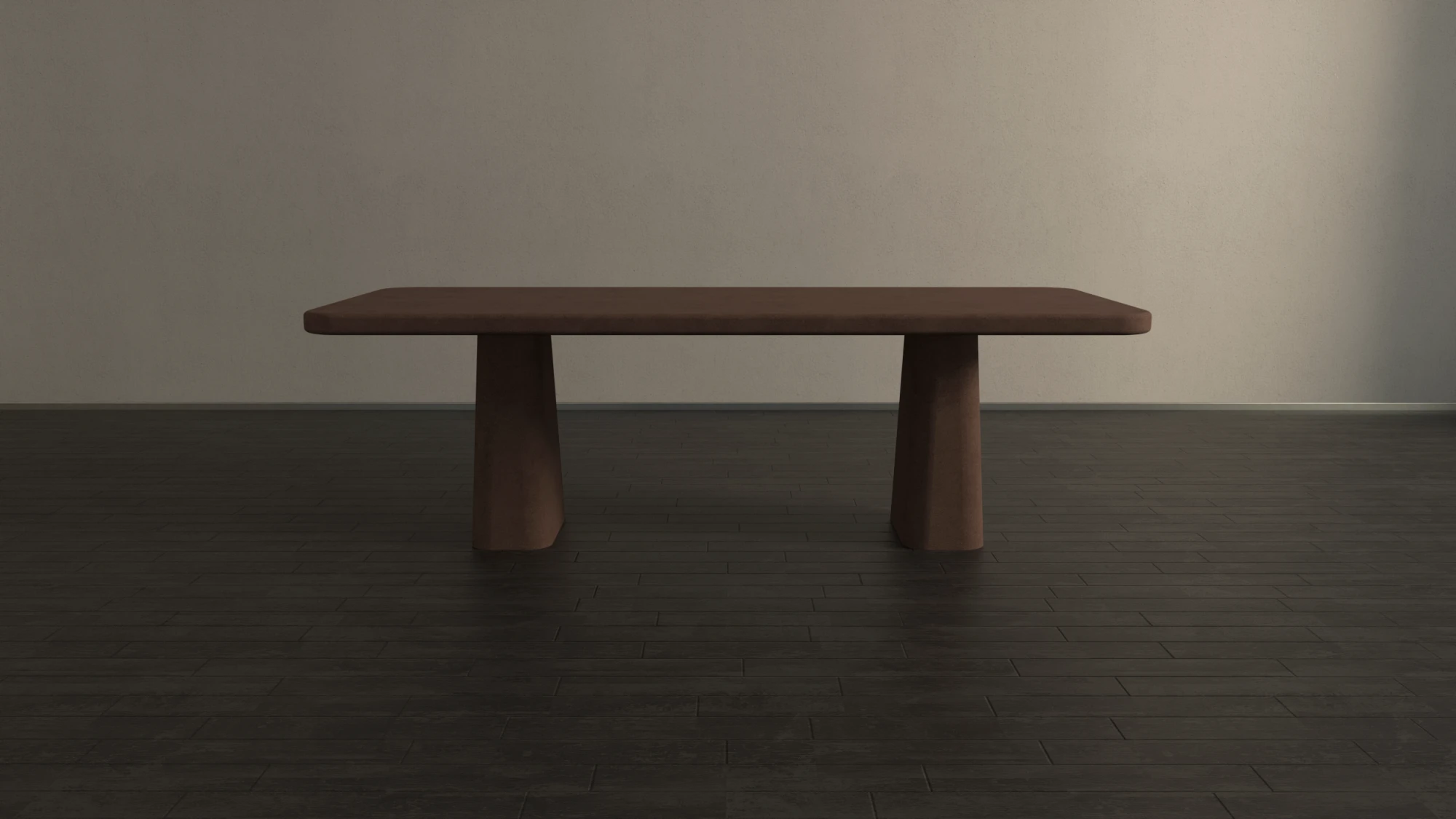 Rounded rectangular concrete dining table with sculptural double pedestal base. Side view of table, finished in clay colour polished concrete - London UK.