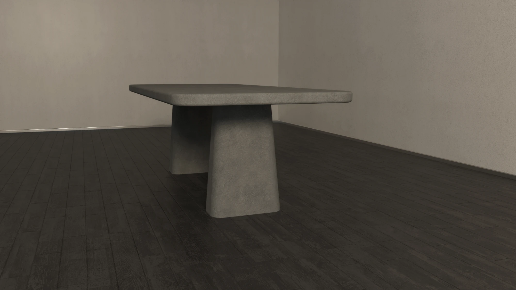 Rounded rectangular concrete dining table with sculptural double pedestal base. Front of table, finished in grey colour polished concrete - London UK.