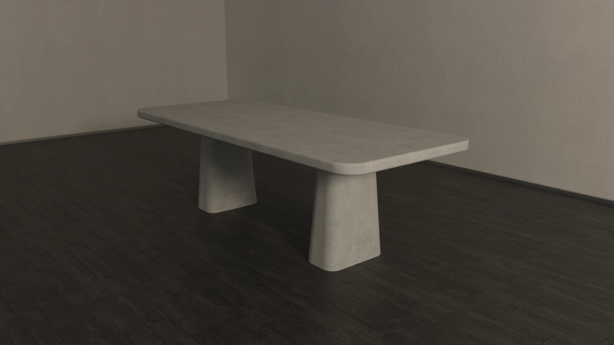 Rounded Rectangular Concrete Dining Table with Double Sculptural Pedestal Base