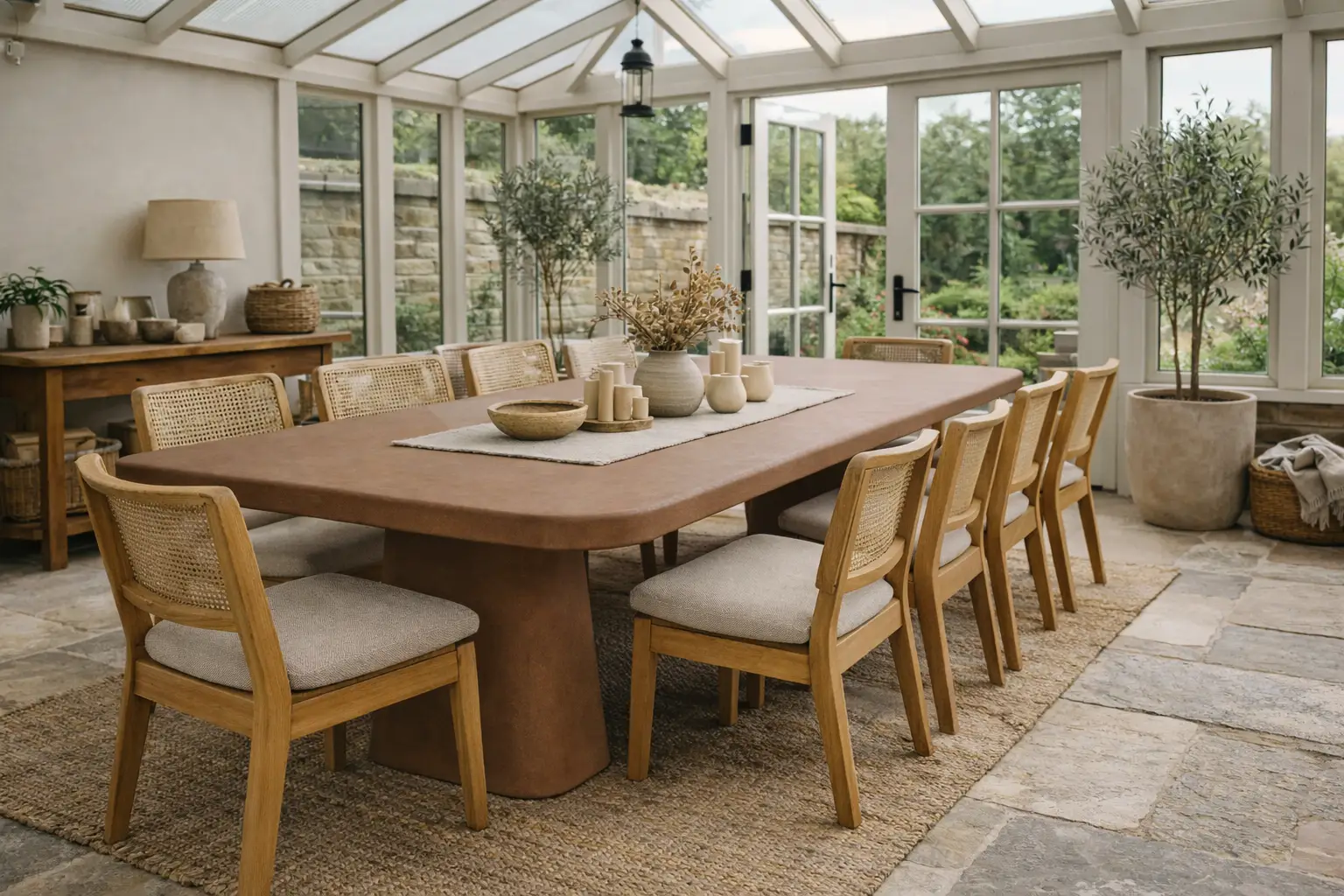 rounded-rectangular-dining-table-modern-interior-uk A bespoke colour concrete dining table in soft modern, Mediterranean style uk interior setting.