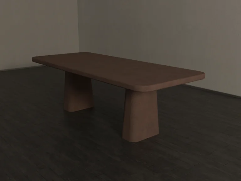 Rounded rectangular concrete dining table with sculptural double pedestal base. Perspective of table, finished in clay colour polished concrete - London UK.