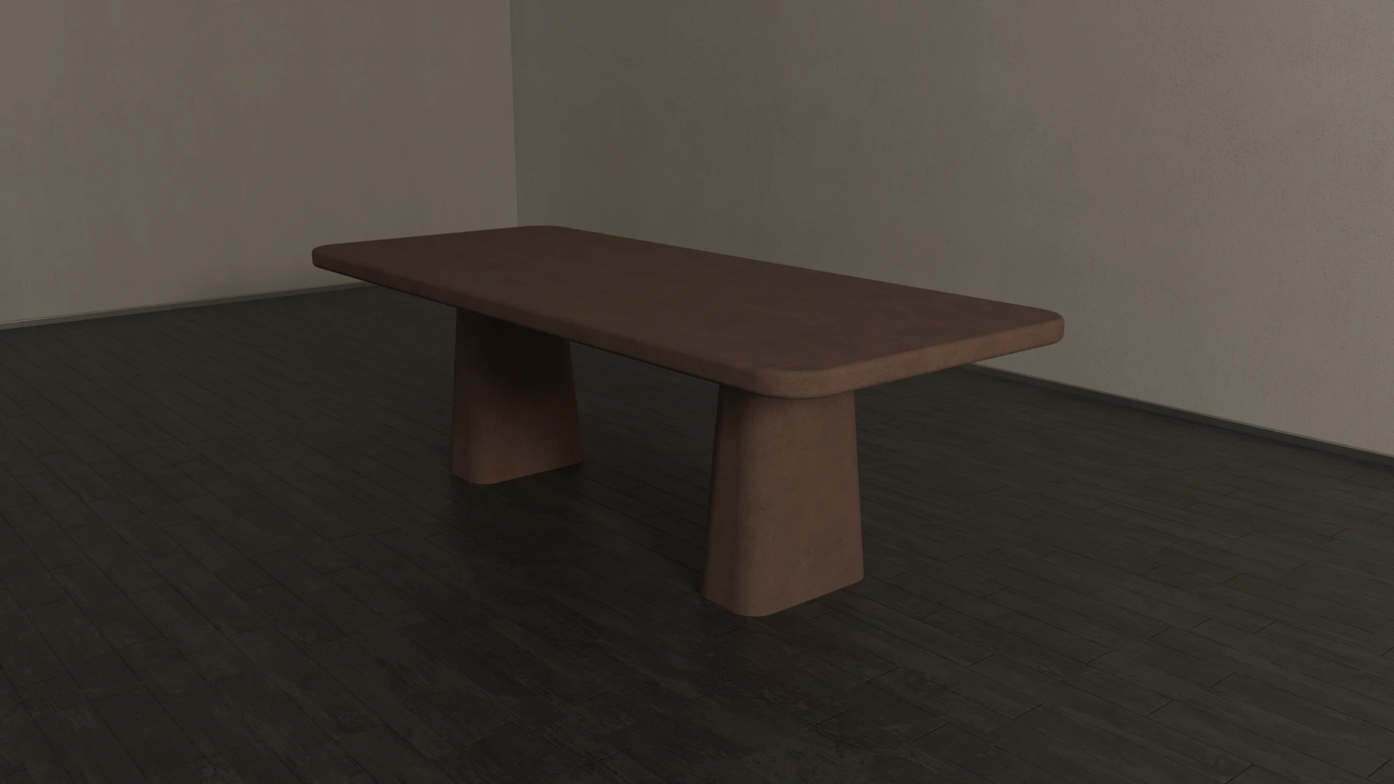 Rounded rectangular concrete dining table with sculptural double pedestal base. Perspective of table, finished in clay colour polished concrete - London UK.