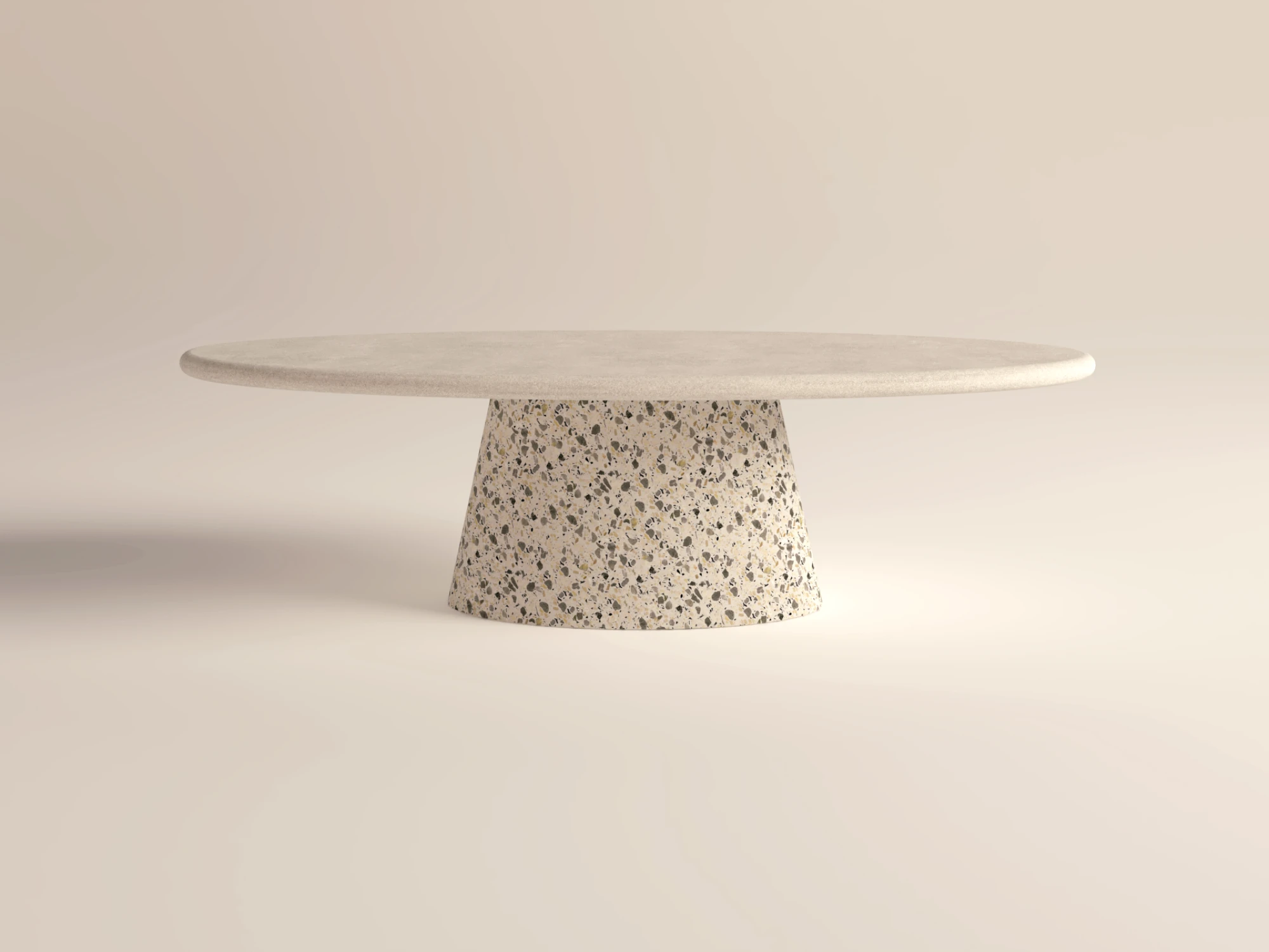 scultural-table-handmade-concrete-terrazzo-london-uk Sculptural concrete dining table with pedestal base. Polished Tabletop with terrazzo finish base - handmade by GumiWorks London.