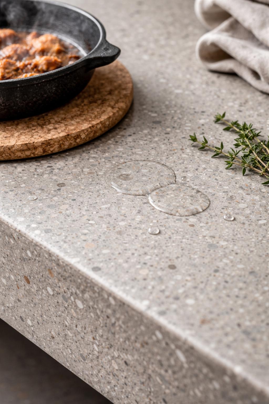 Hot pan placed on cork trivet protecting sealed concrete surface during everyday use.