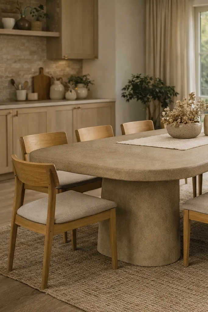 Bespoke made concrete dining table in modern London open plan kitchen interior.