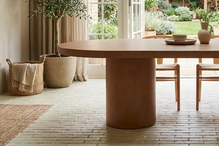 Oval concrete dining table in soft modern uk interior setting.