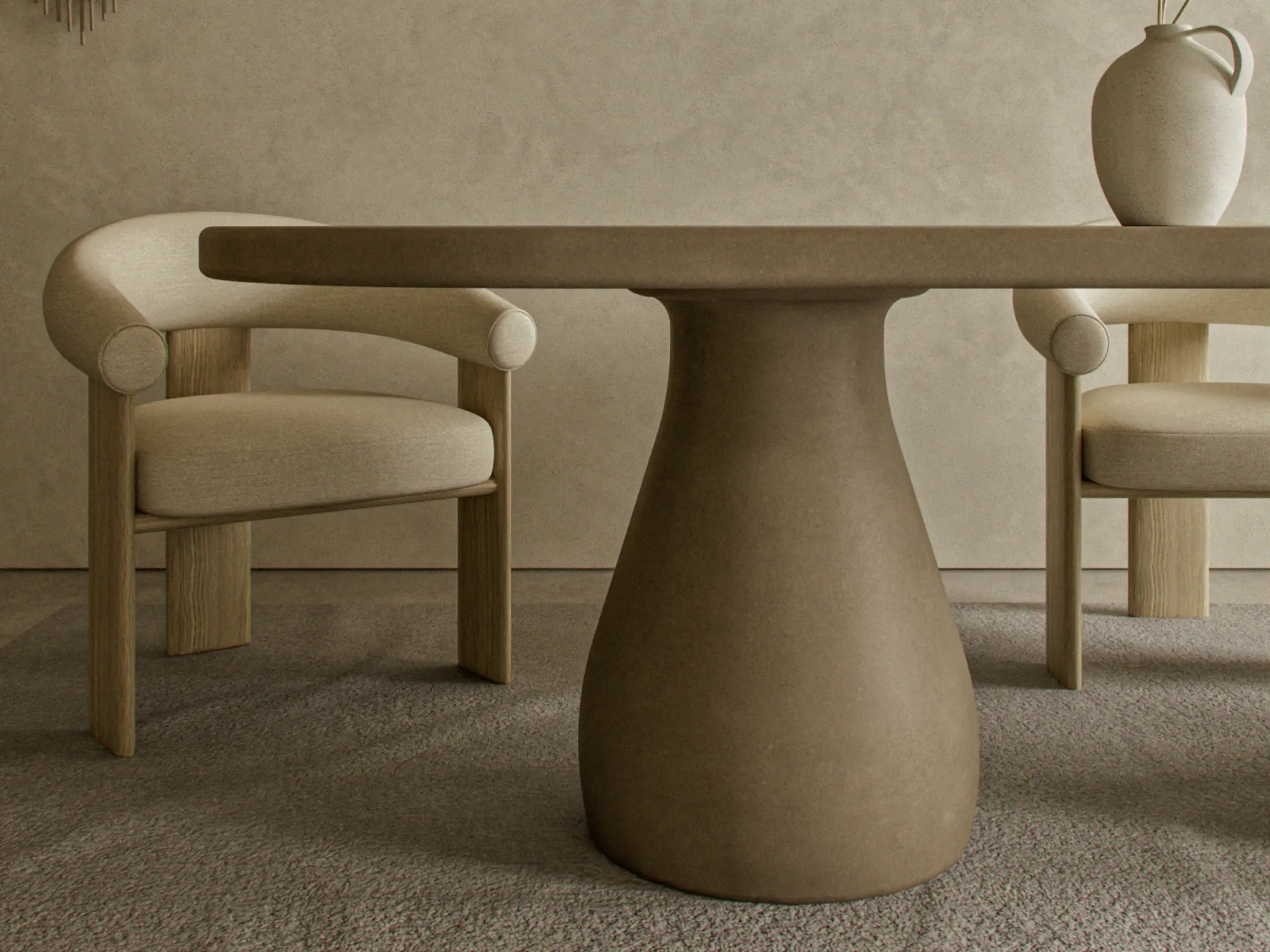 Soft-modern-scultural-dining-table-polished-concrete-high-end-uk Close-up still-life view of a hand-finished concrete tabletop and sculptural, organic-form pedestal base. Concrete dining table shown in soft modern, natural decor UK interior.