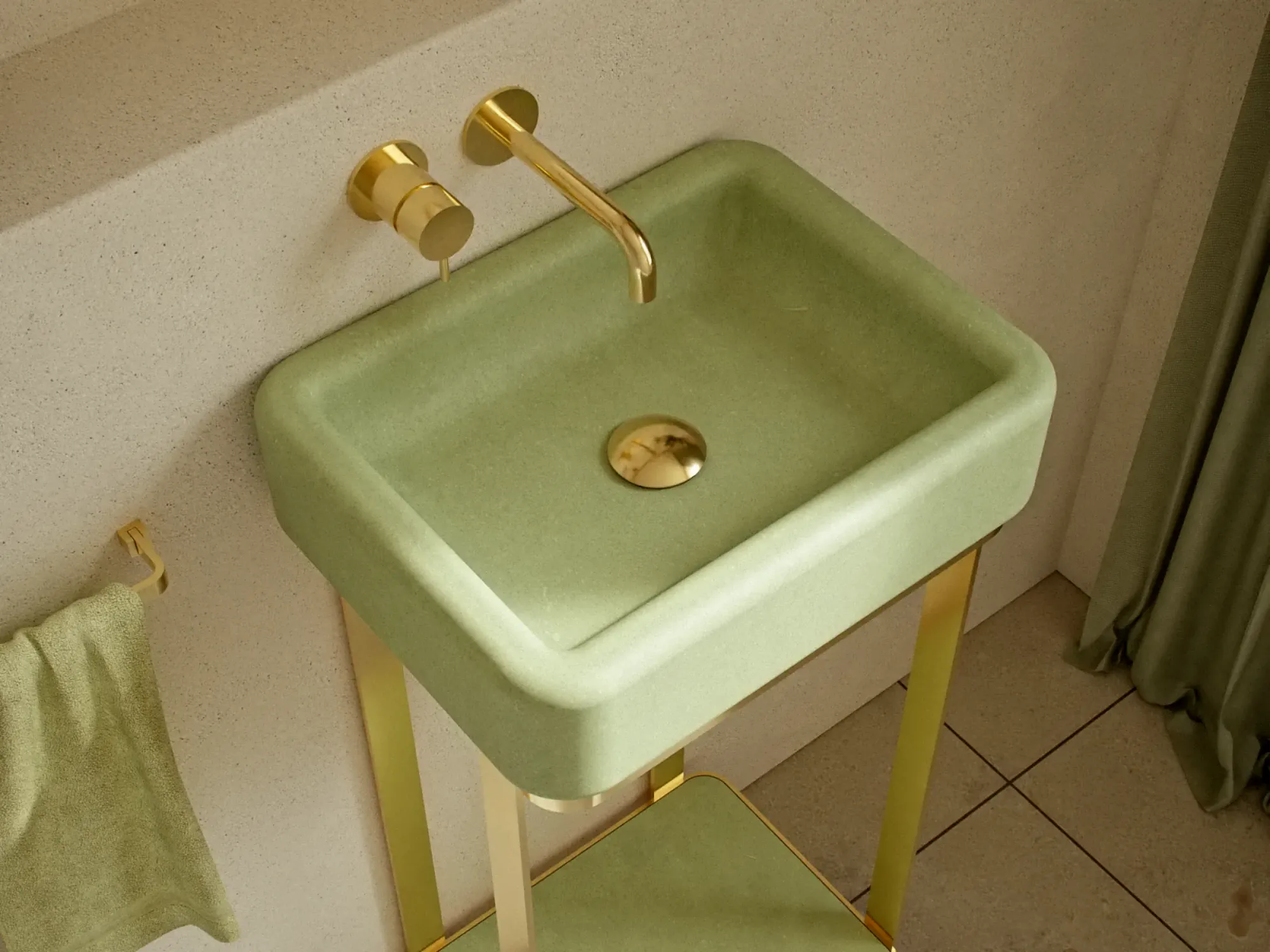 concrete-basin-brass-frame-freestanding-sage-sink-bathroom-detail-london-uk Freestanding Concrete Washbasin with Shelf