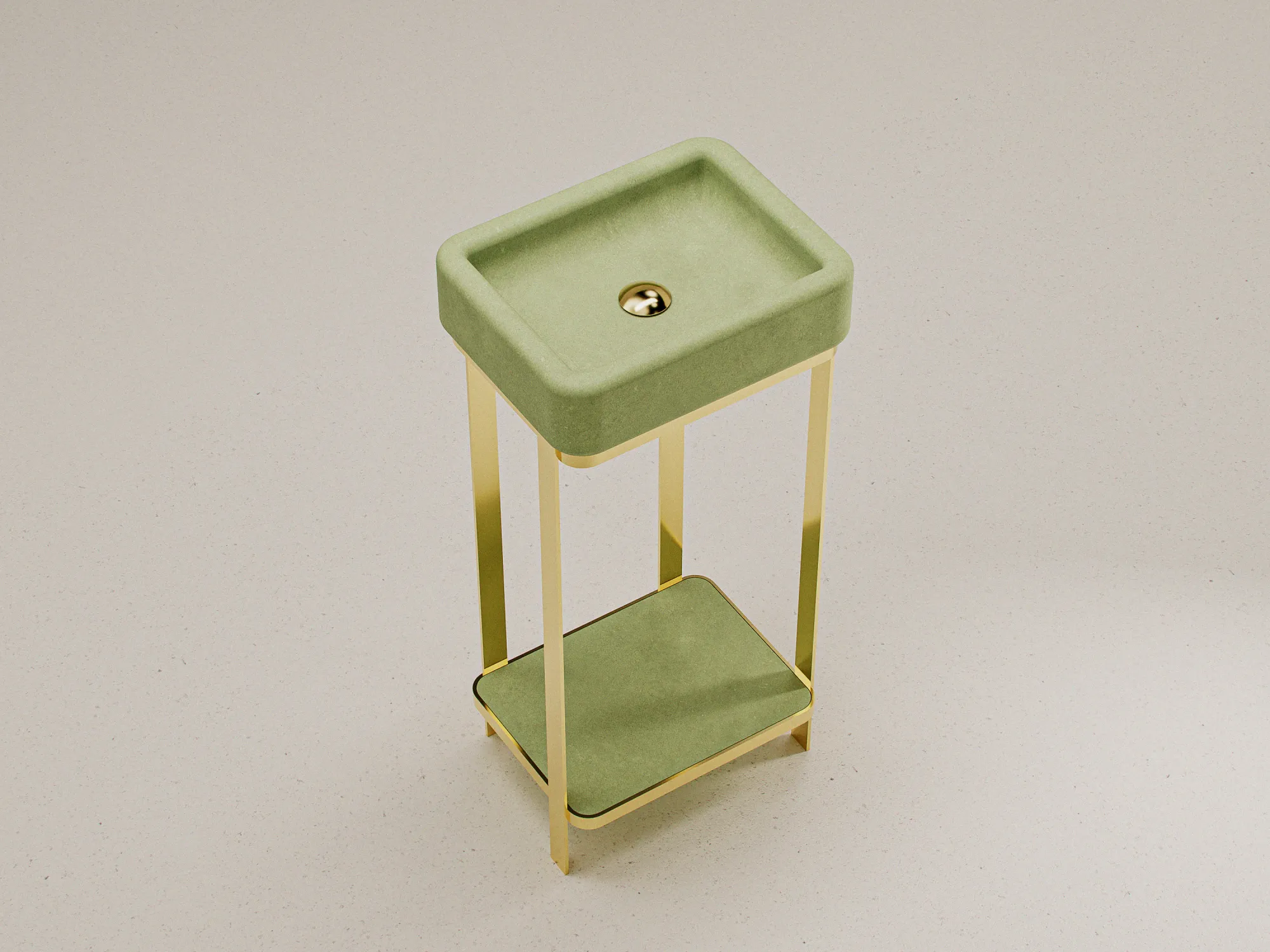 concrete-basin-brass-frame-stand-sink-overhead-green-studio-london-uk Freestanding Concrete Washbasin with Shelf