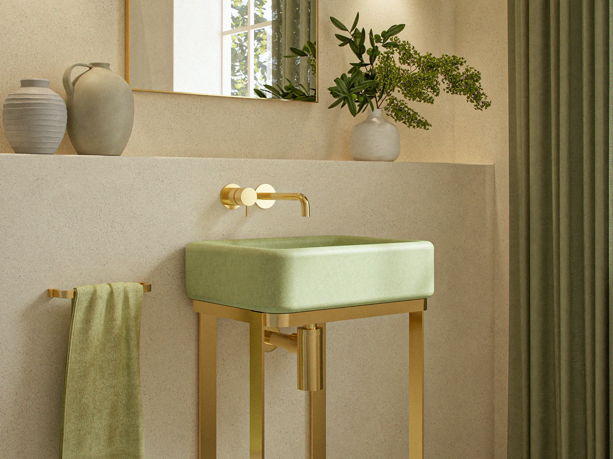concrete-basin-brass-freestanding-washstand-sage-bathroom-front-london-uk Freestanding Concrete Washbasin with Shelf
