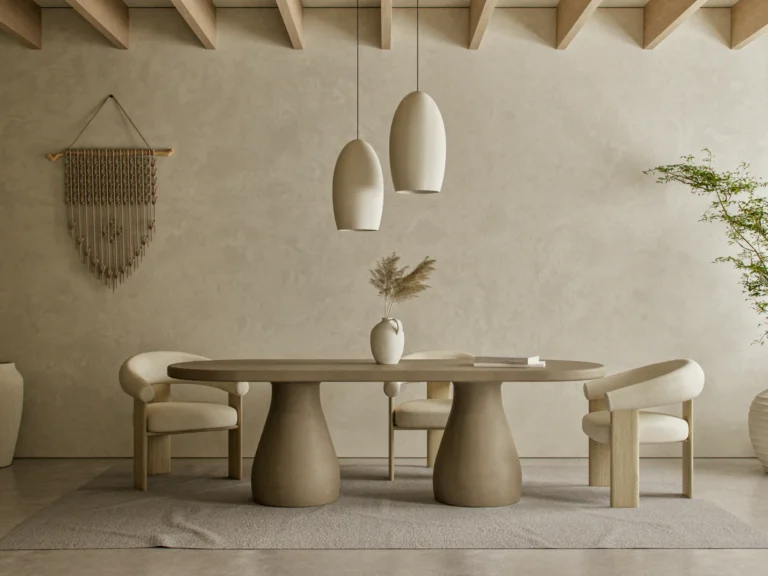 oval-concrete-dining-table-curved-twin-pedestal-Mediterranean-moodern-london-uk Across lifestyle view of the sculptural twin pedestal concrete dining table, styled in a warm Mediterranean vibe minimalist UK interior with textured plaster walls and rustic wooden beams.