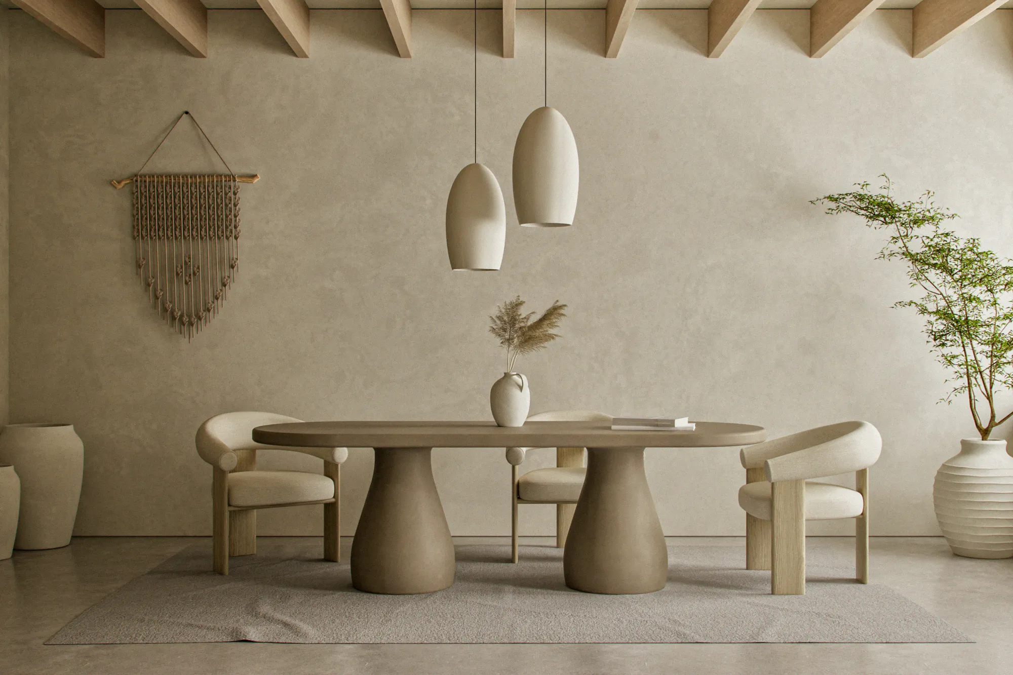 oval-concrete-dining-table-curved-twin-pedestal-Mediterranean-moodern-london-uk Across lifestyle view of the sculptural twin pedestal concrete dining table, styled in a warm Mediterranean vibe minimalist UK interior with textured plaster walls and rustic wooden beams.