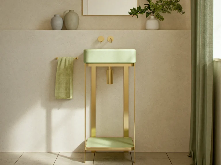 reestanding-concrete-basin-brass-frame-stand-sage-bathroom-london-uk-3-4 Freestanding Concrete Washbasin with Shelf