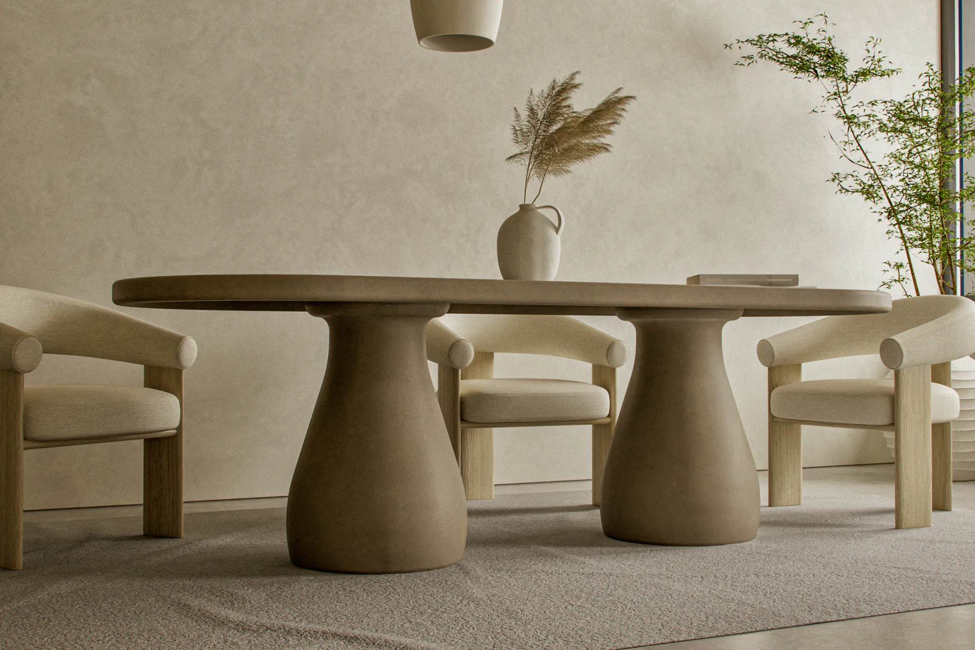 scultural-dining-table-oval-double-pedestal An interior perspective showcasing a bespoke oval Sculptural Pedestal Concrete Dining Table, acting as a standalone architectural statement piece within a soft-modern Japandi style UK interior.